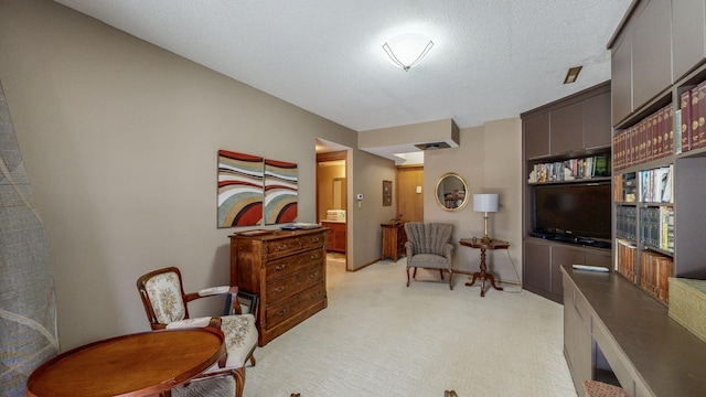 living area featuring light carpet and a textured ceiling