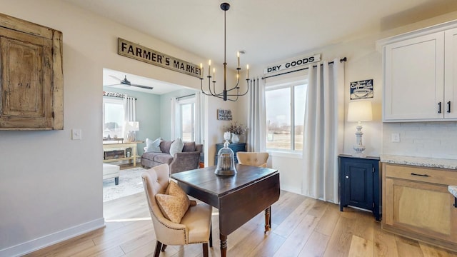 dining room featuring light wood finished floors and baseboards