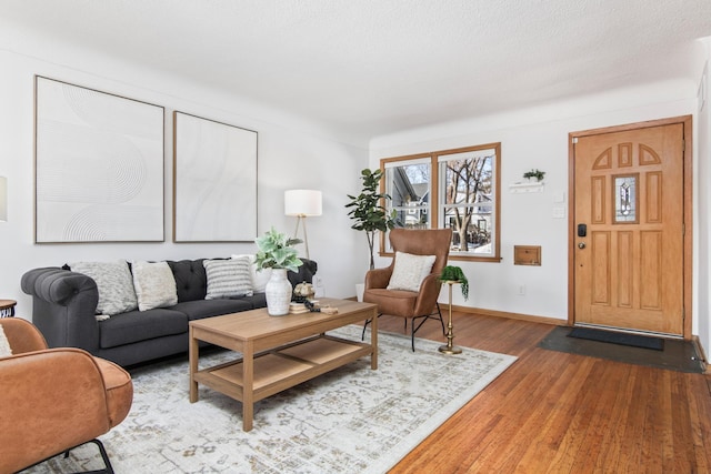 living room with wood finished floors, baseboards, and a textured ceiling