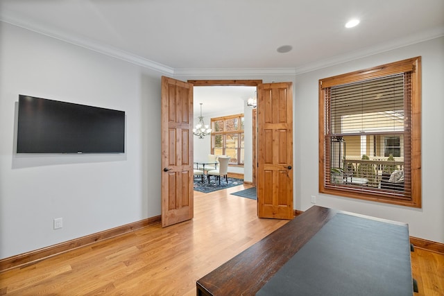 1328 Riverside Ln, Mendota Heights, MN 55118 - hallway featuring a chandelier, light wood-type flooring, ornamental molding, baseboards, and recessed lighting