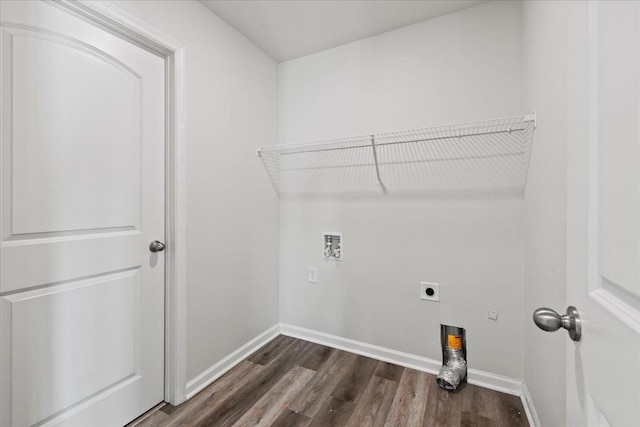 laundry room with baseboards, laundry area, dark wood-type flooring, and hookup for an electric dryer