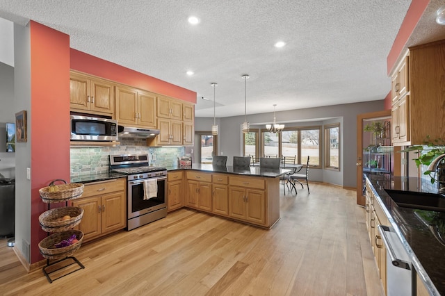 kitchen featuring a peninsula, a sink, stainless steel appliances, light wood-style floors, and under cabinet range hood