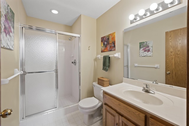 full bath featuring toilet, a stall shower, vanity, and tile patterned flooring