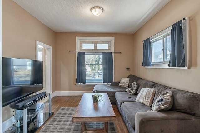 living area featuring a wealth of natural light, a textured ceiling, baseboards, and wood finished floors