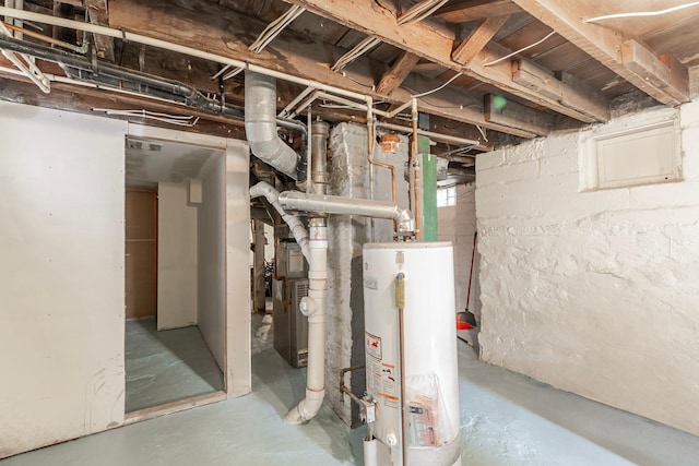 unfinished basement featuring water heater