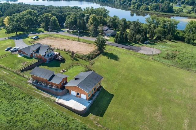 bird's eye view featuring a water view and a rural view