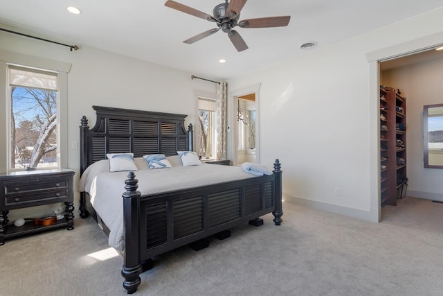 bedroom featuring visible vents, baseboards, ceiling fan, carpet, and recessed lighting