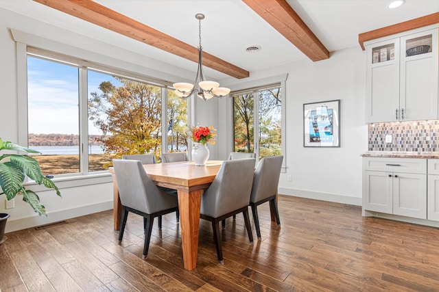 dining room with an inviting chandelier, beam ceiling, visible vents, and plenty of natural light