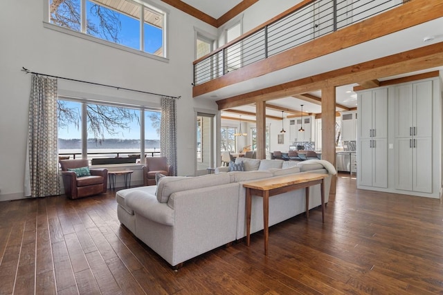 living room with plenty of natural light, a towering ceiling, and dark wood-type flooring