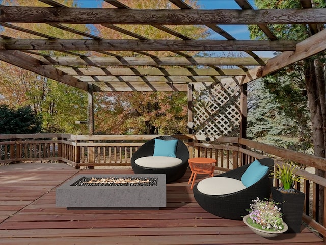 wooden terrace featuring an outdoor fire pit and a pergola