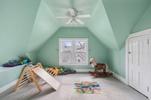 game room with carpet floors, baseboards, and vaulted ceiling