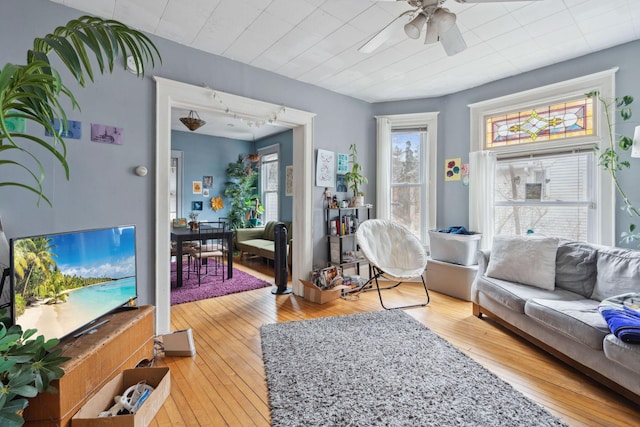 living room with light wood-type flooring and a ceiling fan