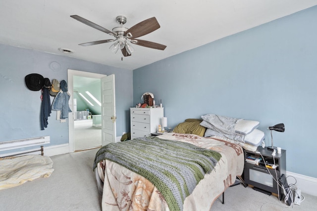 bedroom featuring carpet floors, baseboards, and a ceiling fan