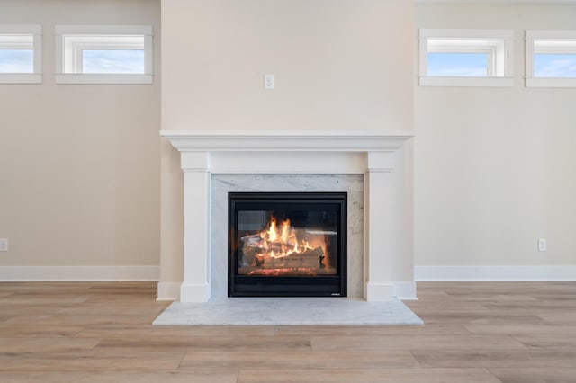 room details featuring a fireplace, wood finished floors, and baseboards