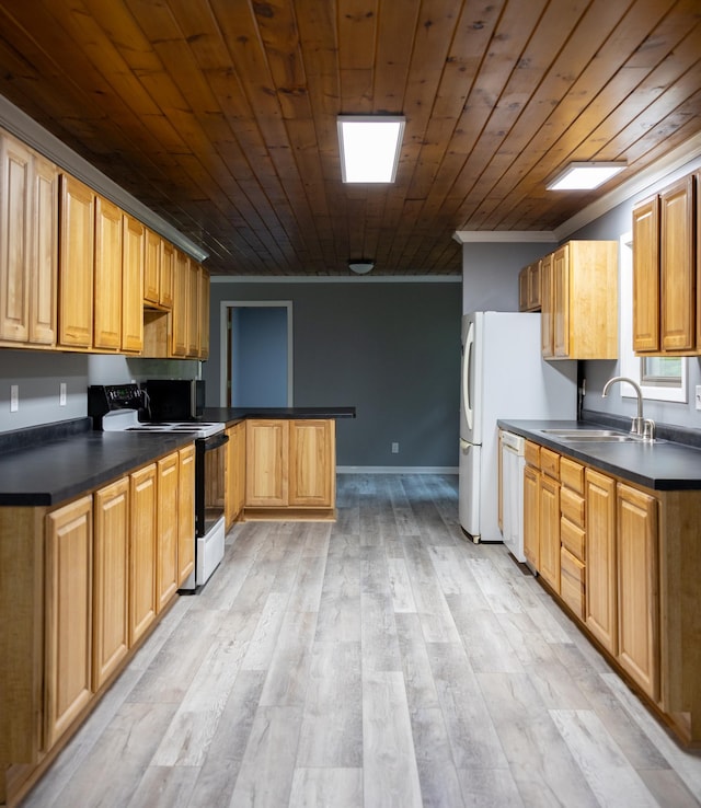 kitchen featuring black / electric stove, white dishwasher, a peninsula, a sink, and crown molding