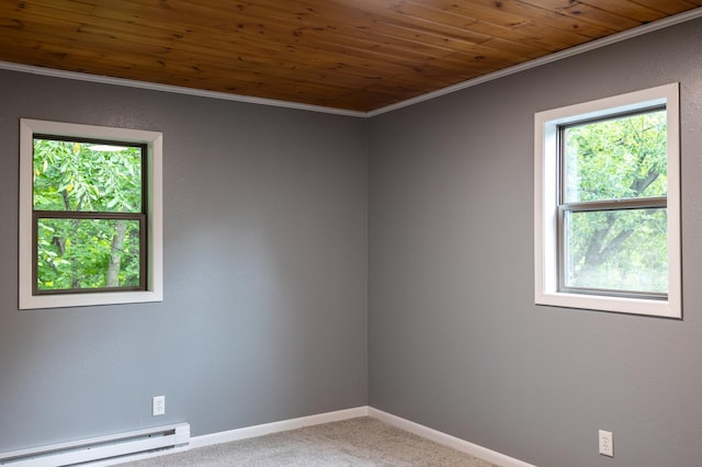 spare room featuring a baseboard radiator, carpet flooring, wood ceiling, baseboards, and ornamental molding