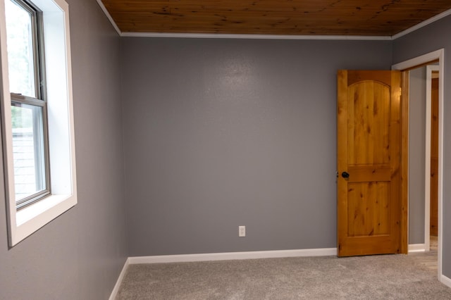 unfurnished room with wooden ceiling, crown molding, and carpet flooring