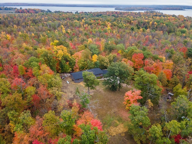 birds eye view of property featuring a water view and a view of trees