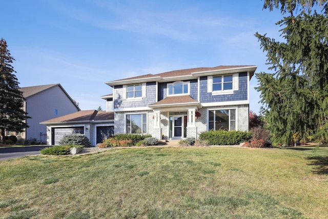 view of front of home with a garage, driveway, a front lawn, and brick siding