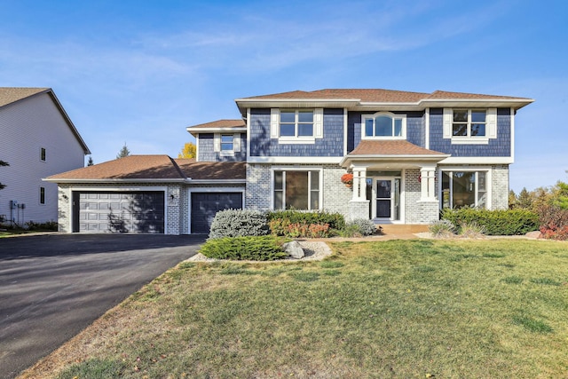 view of front of home featuring driveway, an attached garage, a front lawn, and brick siding