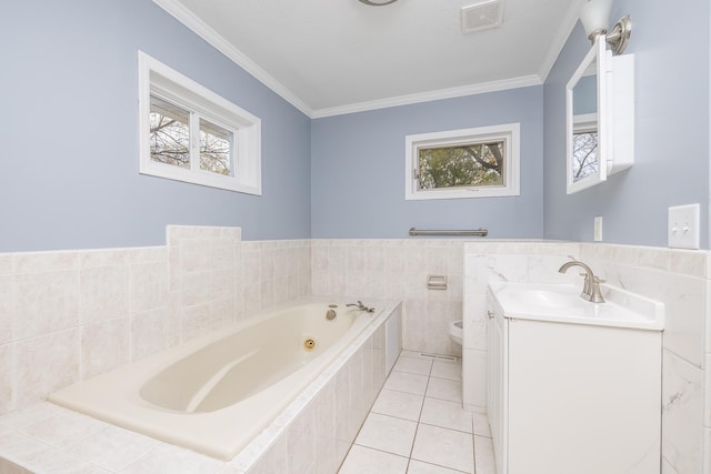 full bathroom featuring visible vents, ornamental molding, a wealth of natural light, and tile patterned floors