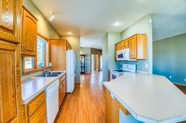 kitchen featuring light countertops, light wood-style floors, a sink, white appliances, and a peninsula