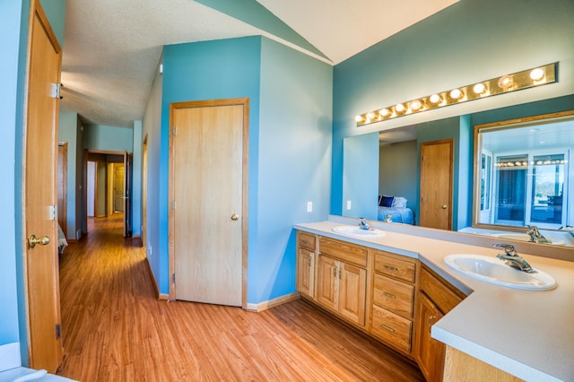 full bathroom with double vanity, baseboards, a sink, and wood finished floors