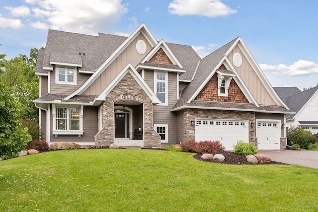 craftsman-style house with concrete driveway, stone siding, roof with shingles, a front lawn, and board and batten siding