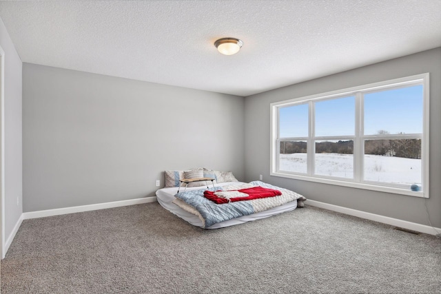 bedroom featuring a textured ceiling, carpet flooring, visible vents, and baseboards