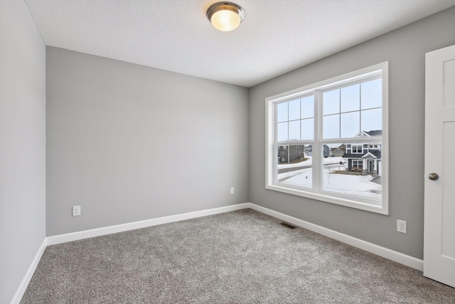 carpeted spare room featuring a textured ceiling and baseboards