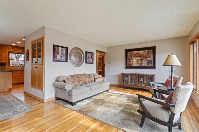 living area with light wood-style floors, baseboards, and a textured ceiling