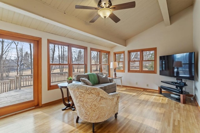 sunroom / solarium featuring vaulted ceiling with beams, wood ceiling, and a ceiling fan