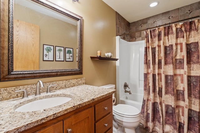 full bathroom with shower / tub combo, vanity, and toilet