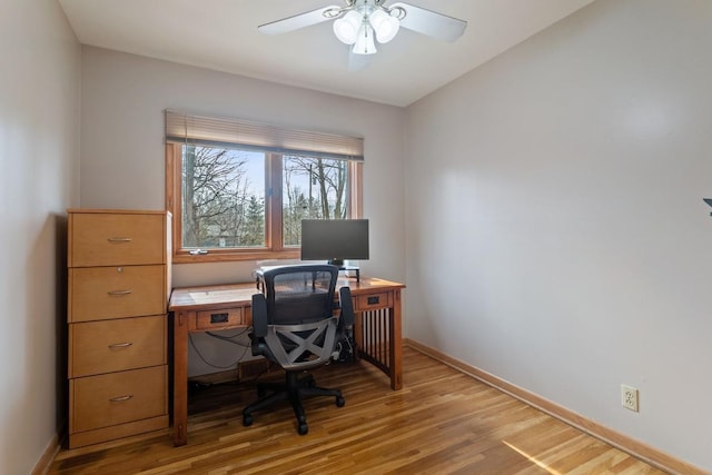 office space featuring ceiling fan, light wood-type flooring, and baseboards