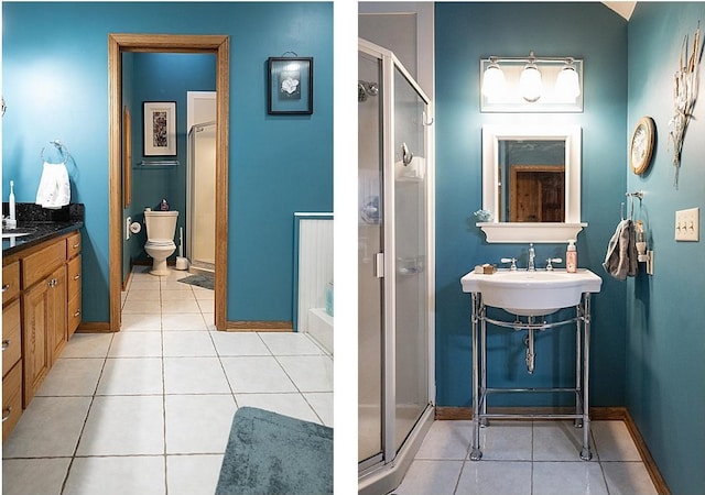 full bath featuring a stall shower, vanity, baseboards, and tile patterned floors