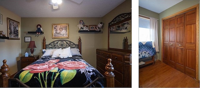 bedroom with a closet, a ceiling fan, and wood finished floors