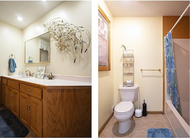 bathroom featuring toilet, vanity, a textured ceiling, baseboards, and tile patterned floors