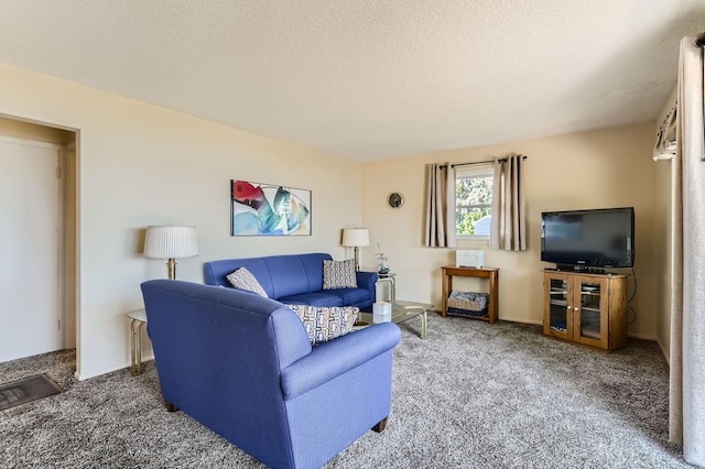 carpeted living room with a textured ceiling