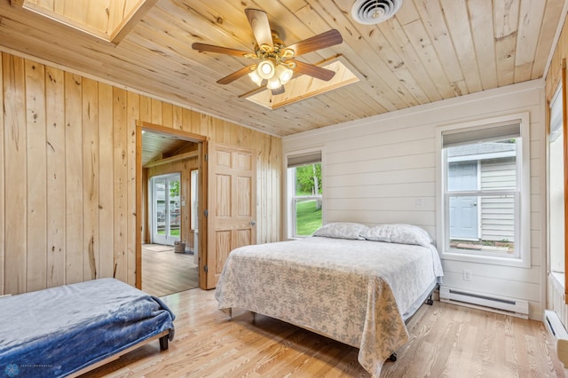 bedroom with a skylight, light wood finished floors, visible vents, a baseboard heating unit, and wood ceiling