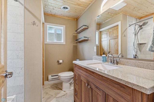 full bath featuring a baseboard radiator, marble finish floor, wood ceiling, and toilet