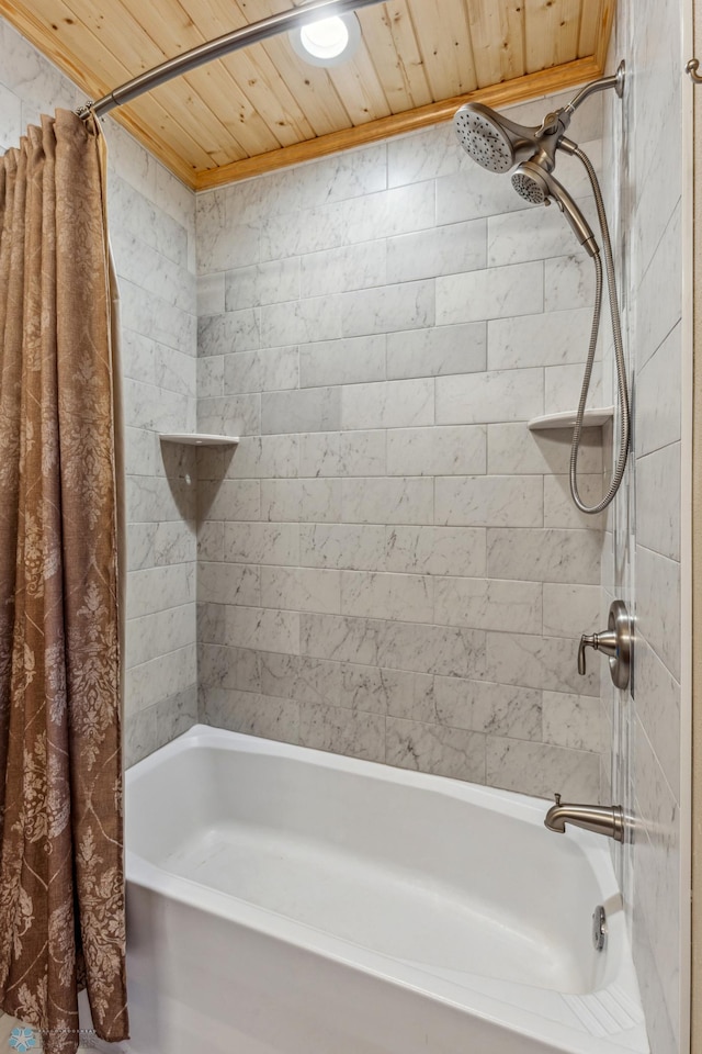 full bath with wooden ceiling and shower / bath combo with shower curtain