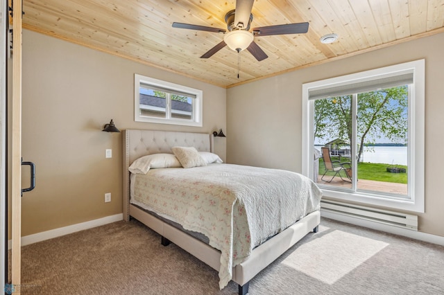 bedroom with carpet, multiple windows, a baseboard radiator, and wooden ceiling