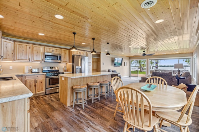 dining space with wooden ceiling, visible vents, dark wood-type flooring, and recessed lighting