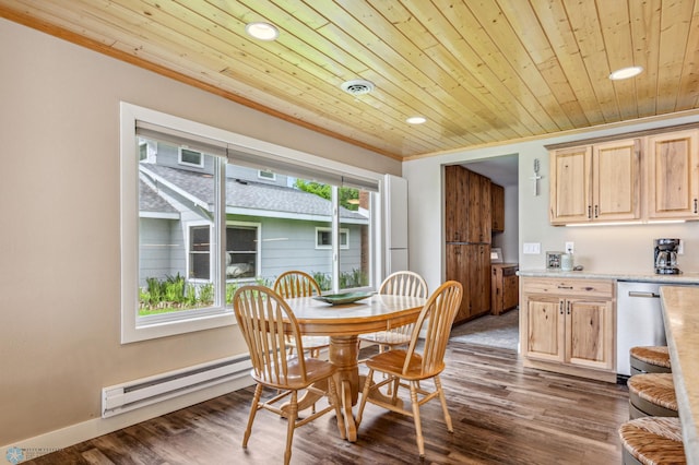 dining room featuring a healthy amount of sunlight, wood ceiling, baseboard heating, and crown molding