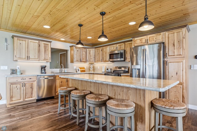 kitchen featuring wooden ceiling, a kitchen island, appliances with stainless steel finishes, dark wood-style flooring, and light brown cabinets