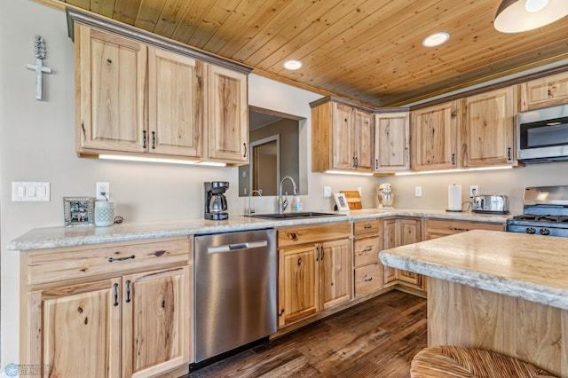 kitchen featuring wooden ceiling, light brown cabinets, stainless steel appliances, a sink, and dark wood finished floors