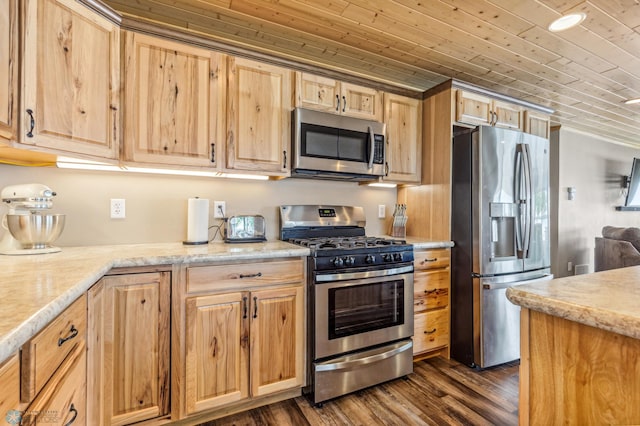 kitchen with wood ceiling, stainless steel appliances, dark wood finished floors, and light brown cabinetry