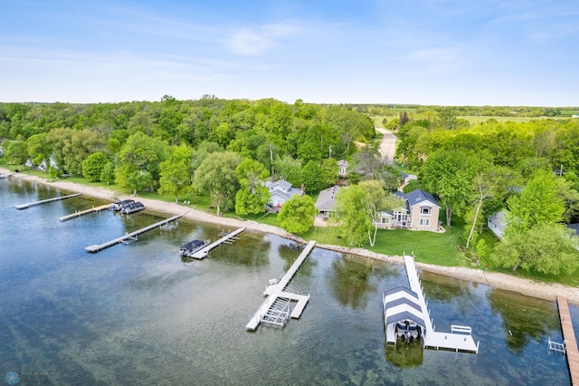 bird's eye view with a water view and a wooded view