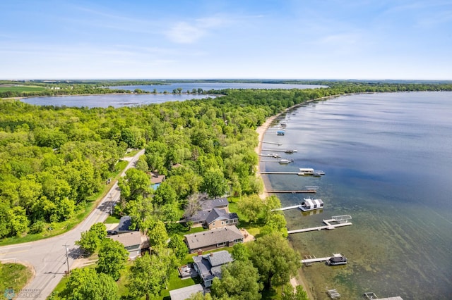 drone / aerial view with a water view and a wooded view