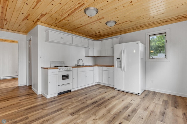 kitchen with wooden ceiling, light wood-style floors, a sink, wood counters, and white appliances